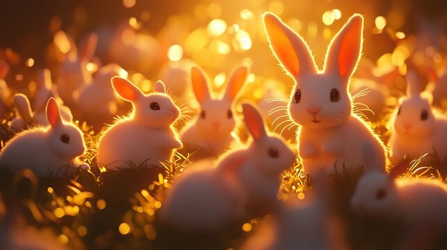 A group of adorable white rabbits huddle together in a field illuminated by a warm, golden sunset, creating a magical and serene atmosphere.