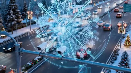 Medium shot of AIdriven sensors monitoring seasonal changes in traffic volume adjusting road usage strategies to accommodate holiday travel surges.