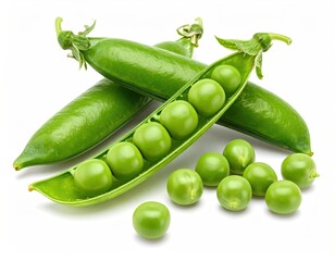 Fresh green peas, pods open, isolated on white
