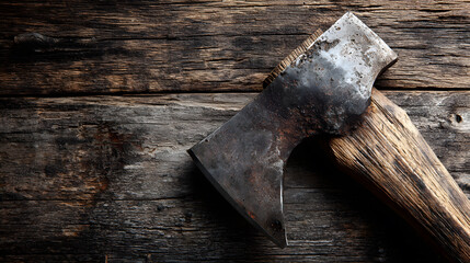 Old axe resting on a weathered wooden table with rustic charm in a cozy workshop