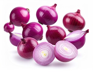 Pile of red onions, some whole, others cut