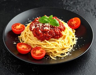 Spaghetti with red sauce and tomato halves on black plate
