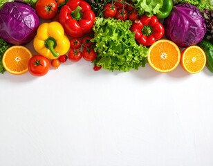 Colorful vegetables and fruits lined up top edge