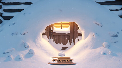 3D photorealistic “blanket of snow” represented by cozy cabin covered in thick snow layers