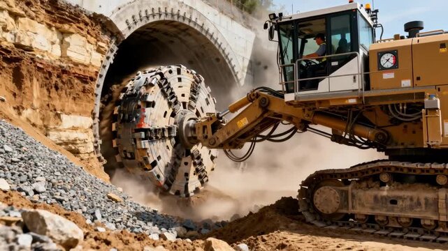 Medium shot of a tunnel boring machine slicing through mixed soil layers showcasing the complex mechanical operation in challenging ground conditions.
