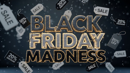 3D photorealistic “Black Friday Madness” lettering made of dark wool and velvet, surrounded by glowing lights and flying sale tags
