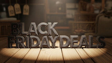 3D Black Friday Deals Text on Wooden Surface with Spotlight