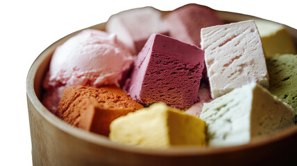 Bowl filled with colorful cube and ball shaped frozen desserts