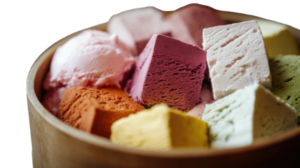 Bowl filled with colorful cube and ball shaped frozen desserts