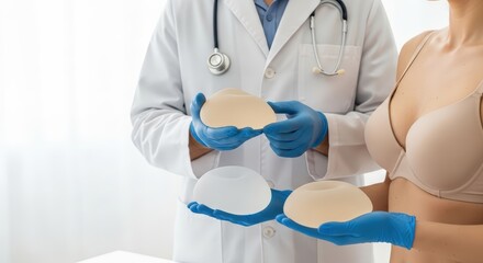 Medical professional demonstrating breast augmentation options with silicone implants in hands, showcasing various shapes and sizes for patient consultation and decision-making
