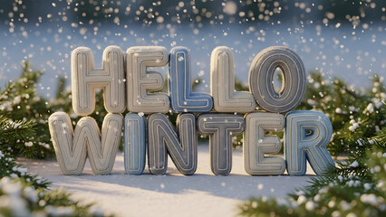 3D photorealistic quote “Hello Winter” made from stitched wool letters, surrounded by falling snow and evergreen branches