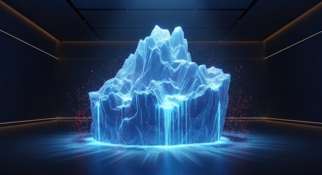 Abstract glowing blue crystalline structure emanating light in a dark futuristic environment