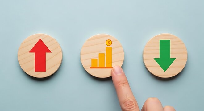 Wooden circles with arrows and graph showing financial trend analysis
