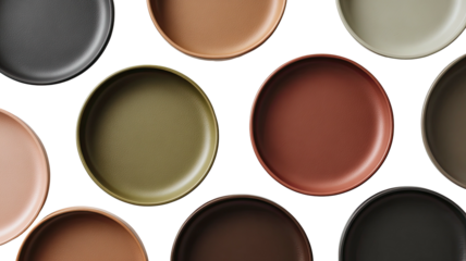 Assorted color plates arranged, top-down view, dark background