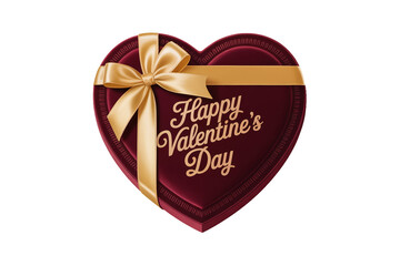 Heart-shaped Valentine's Day chocolate box with golden ribbon and text