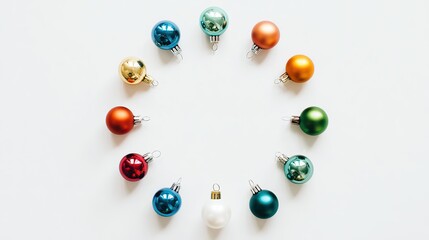 Colorful Christmas Balls Circle on White Background, Holiday Decoration Layout Material
