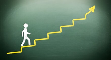 A chalk drawing of a person climbing stairs toward a bright yellow arrow