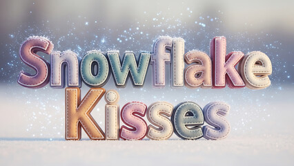 3D quote “Snowflake Kisses” created from stitched felt fabric, surrounded by sparkling frost particles, soft pastel vintage winter palette