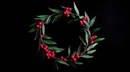 Obraz premium Red Berry and Green Leaf Wreath on Black Background, Christmas Natural Decoration Material 