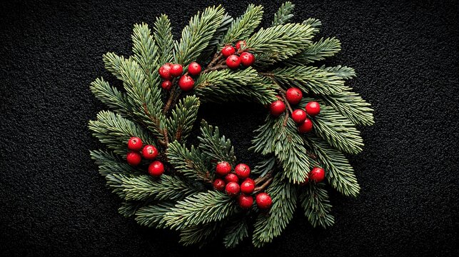 Pine Branch and Red Berry Circle on Black Background, Christmas Traditional Decoration Material
