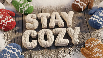 3D photorealistic “Stay Cozy” lettering made of cable-knit fabric, surrounded by mittens, snow, and old wooden background