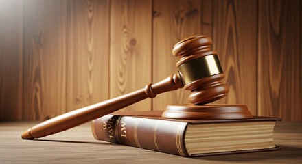 Wooden gavel resting on a law book in a courtroom setting with justice theme