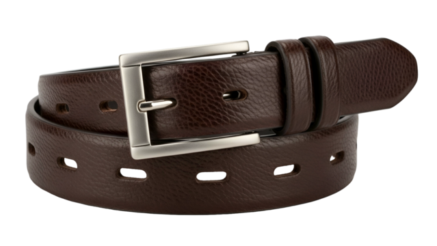 Dark brown textured leather accessory features a metallic rectangular buckle against a solid black background.