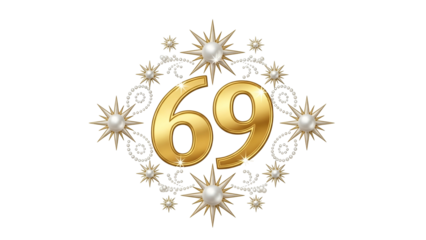 Ornate golden number sixty nine emblem surrounded by sparkling jewels and pearls on a dark background