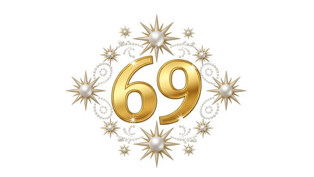Ornate golden number sixty nine emblem surrounded by sparkling jewels and pearls on a dark background