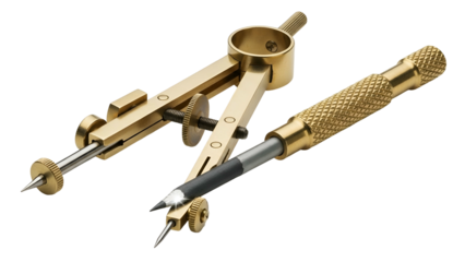 Precision drafting compass instrument fashioned from polished brass rests against a dark background
