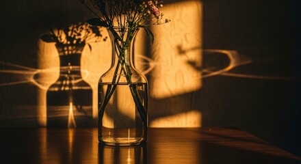 Glass vase with flowers casting dramatic shadows on a textured wall during golden hour