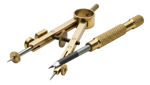 Precision drafting compass instrument fashioned from polished brass rests against a dark background