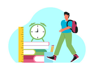 A male student carries a backpack as he walks to a pile of books. Back to school vector illustration. Flat illustration concept.