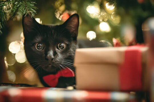 A black cat with a red bow on its neck