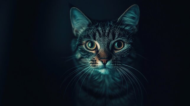 A curious gray tabby cat stares intently at the viewer with wide, luminous eyes in a dark, moody setting.