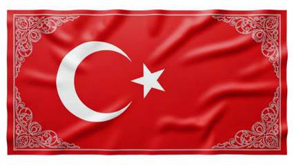 Waving textile representing a national symbol features ornamental corner designs