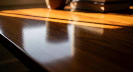 Polished wooden tabletop reflecting warm sunlight, highlighting the wood grain and texture