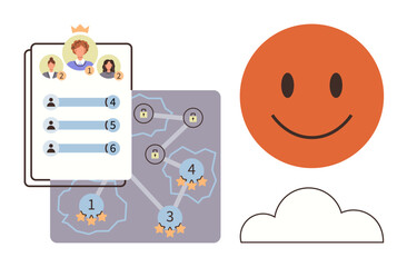 Ranked leaderboard, networked progress map with unlocked levels, stars for accomplishment, orange smiling emotion, and cloud. Ideal for motivation, teamwork, competition, goals success milestones