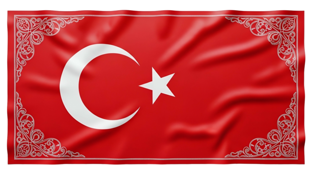 Waving textile representing a national symbol features ornamental corner designs