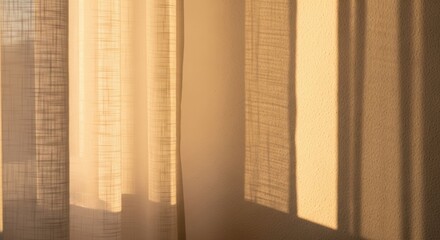 Sunlight streaming through sheer curtains, casting geometric shadows and creating a warm, inviting atmosphere indoors