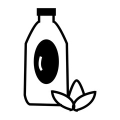 A minimal black-and-white line-art icon of a cosmetic bottle hair care featuring an oval label and two leaves at the base, symbolizing natural or organic skincare products.