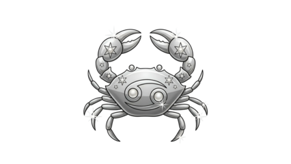 Detailed metallic representation of the zodiac symbol for the crab constellation against a dark background