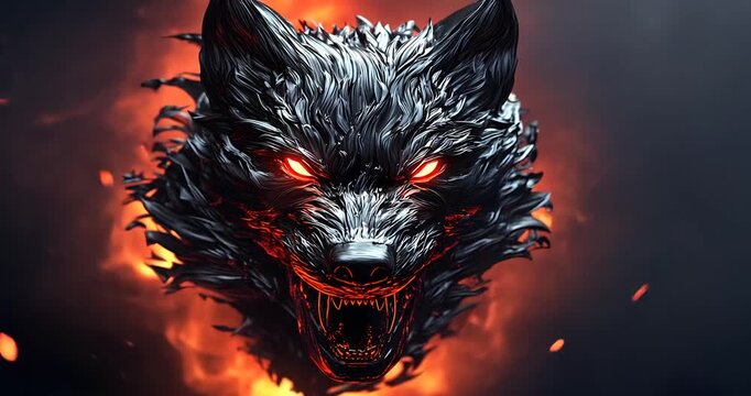 Fierce wolf head emerging from fiery background, showcasing intense expression and dynamic colors