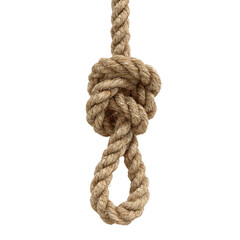 Twisted, beige rope is tied in a hangman's noose