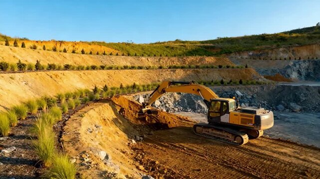 Medium shot of heavy machinery shaping land contours for landscaping to rehabilitate an area affected by previous mining activities under clear skies.