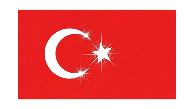 National banner featuring a bright white crescent moon and star symbol displayed against a vibrant red field surrounded by black borders