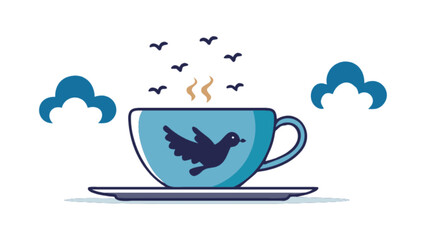 Bird themed coffee cup vector art illustration with clouds and birds flying around design template image 100