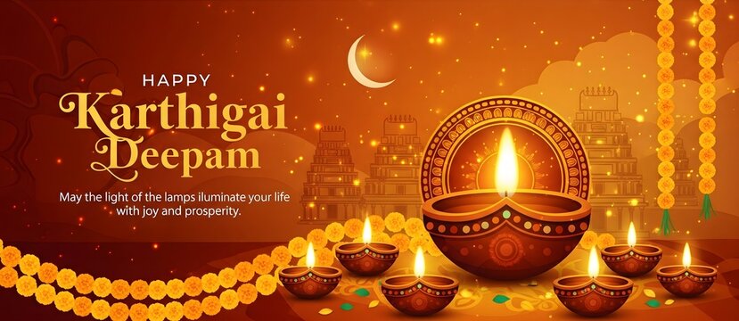 Happy karthigai deepam festival with oil lamps and marigold garlands
