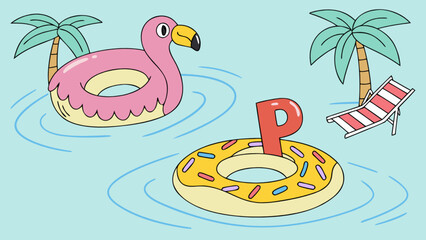 Summer vacation themed illustration with flamingo and donut floats in a swimming pool scene design