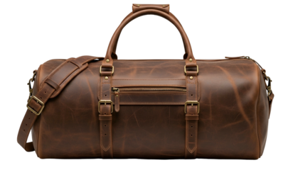 Rustic brown leather duffel bag displays strong brass hardware against a solid dark background